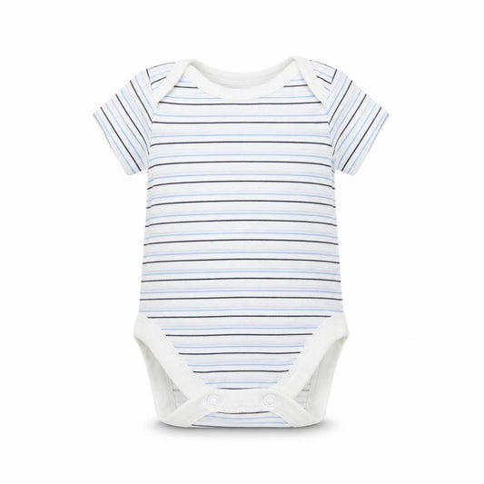Front view of Nutmeg Baby White Striped Babygrow One-Piece, size 0-3, Months - Tiny baby