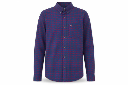 Front view of Hollister men’s blue plaid dress shirt, size S