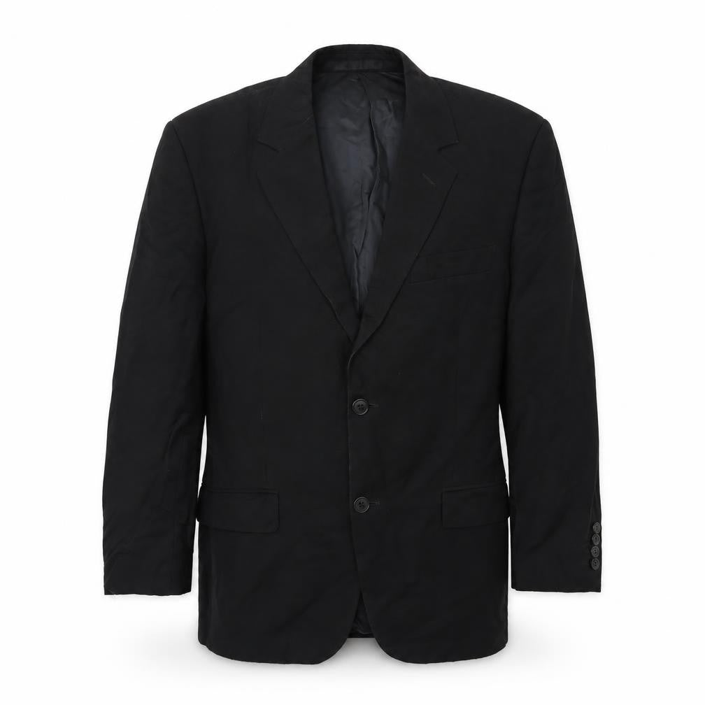 Front view of Preworn men’s black jacket suit, size L