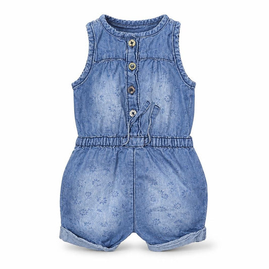 Front view of F&F girls’ blue damask babygrow one-piece, size 3-6, months