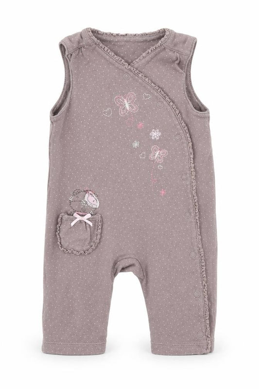 Front view of Tu girls’ grey polka dot jacquard romper one-piece, size 3-6, months