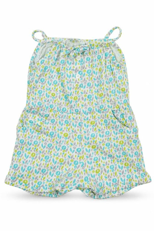 Front view of F&F girls’ white polka dot jersey romper one-piece, size 3-6, months