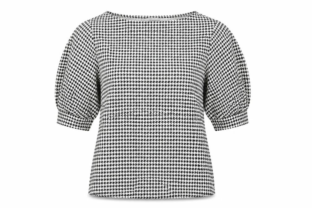 Front view of H&M women’s black houndstooth basic t-shirt, size XS