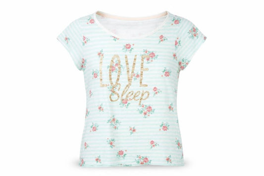 Front view of F&F women’s green floral basic t-shirt, size UK 8