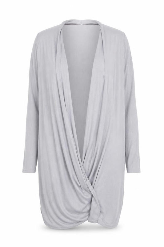 Front view of Boohoo women’s grey wrap dress, size UK 42