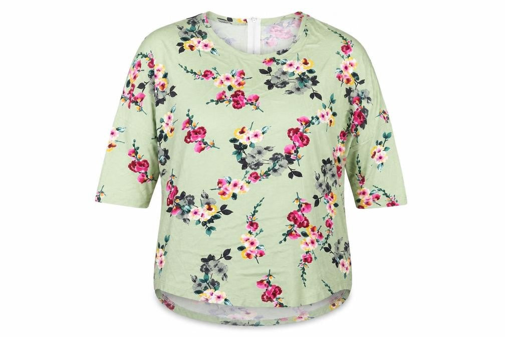 Front view of Peacocks women’s green floral basic t-shirt, size UK 10