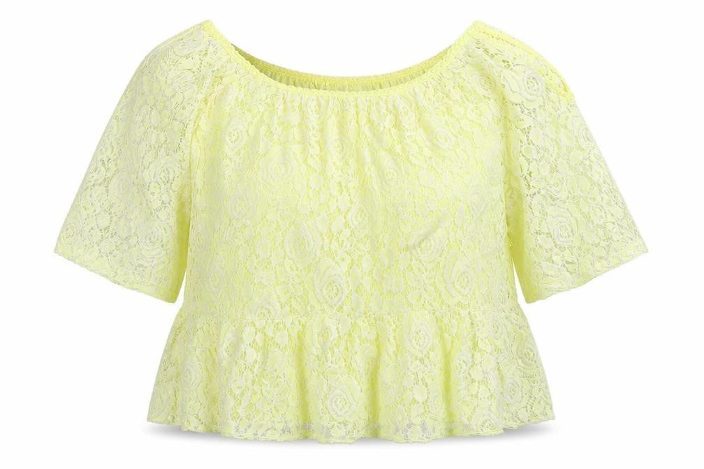 Front view of Preworn women’s yellow floral lace basic blouse, size UK 8
