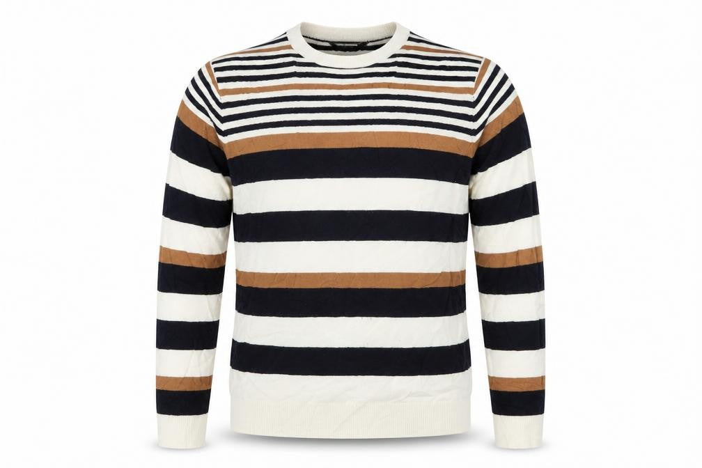 Front view of Cedarwood State men’s multicoloured striped jumper, size M