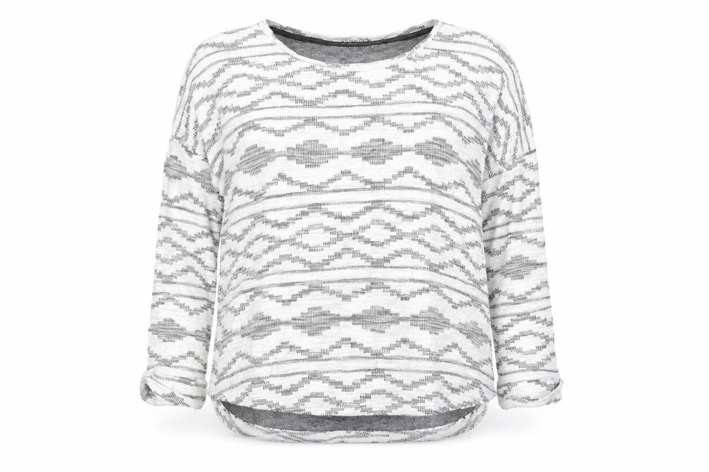 Front view of Debenhams women’s multicoloured geometric jumper, size UK 12