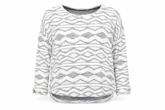 Front view of Debenhams women’s multicoloured geometric jumper, size UK 12
