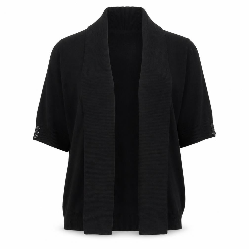 Front view of EWM women’s black cardigan jumper, size UK 14