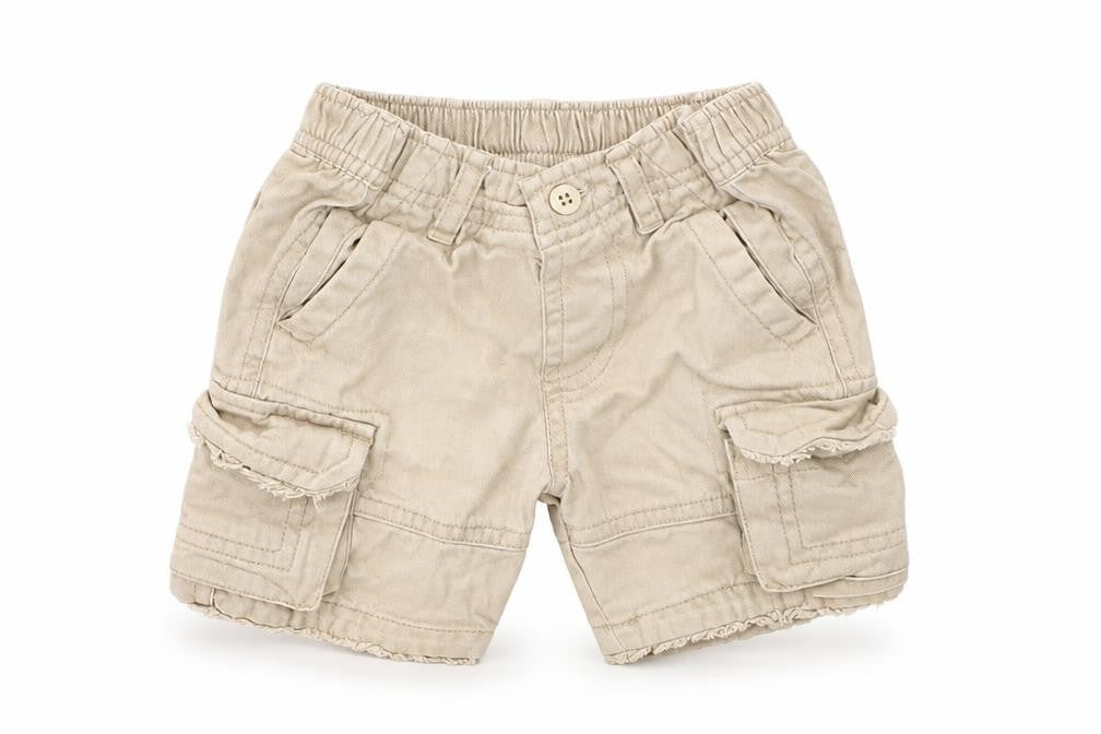 Front view of M boys’ beige capri trousers, size 6-9, months