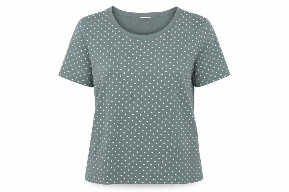 Front view of Preworn women’s grey polka dot basic t-shirt, size UK 10