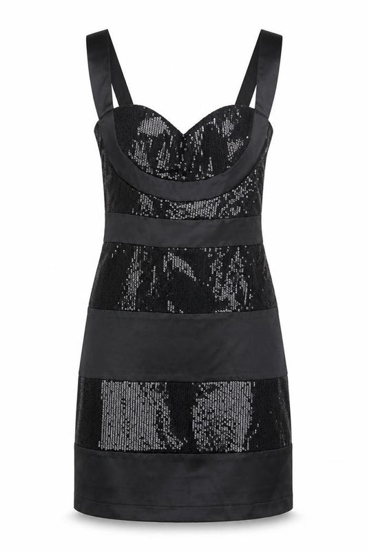 Front view of Heaven women’s black striped wrap dress, size UK 10