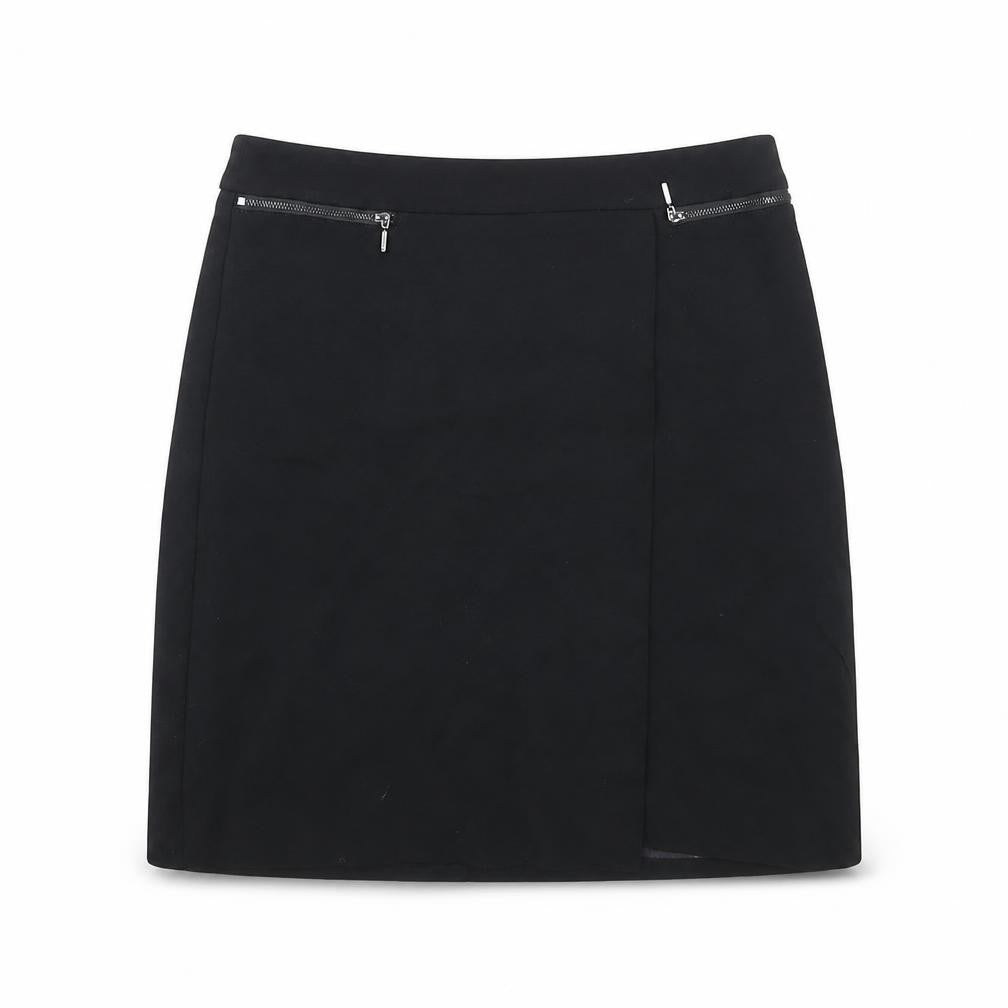 Front view of M&Co women’s black mini skirt, size UK 10