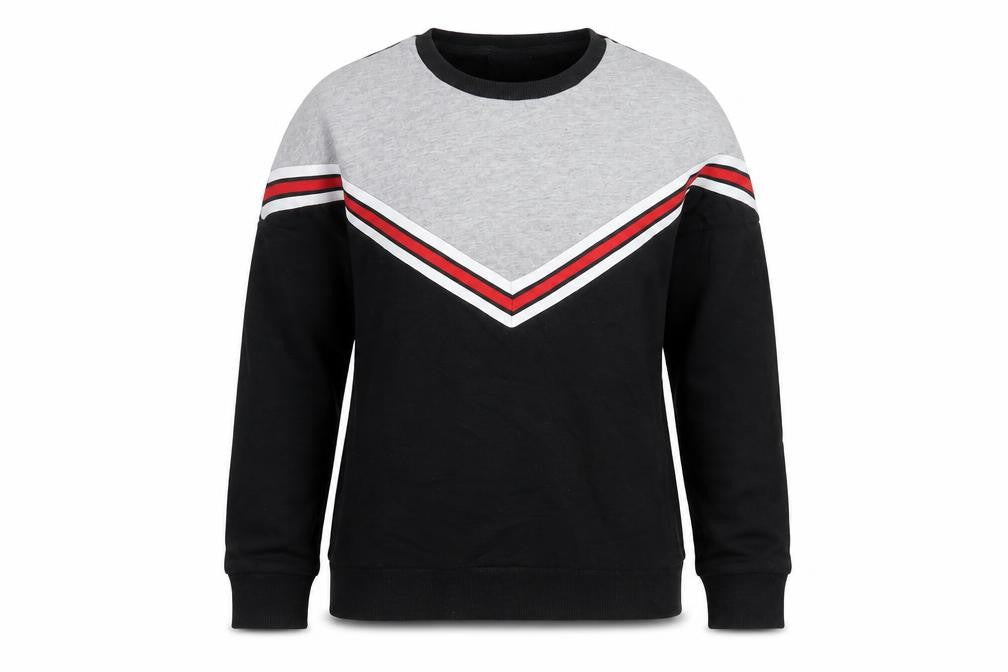 Front view of New Look women’s black geometric pullover sweatshirt, size UK 10