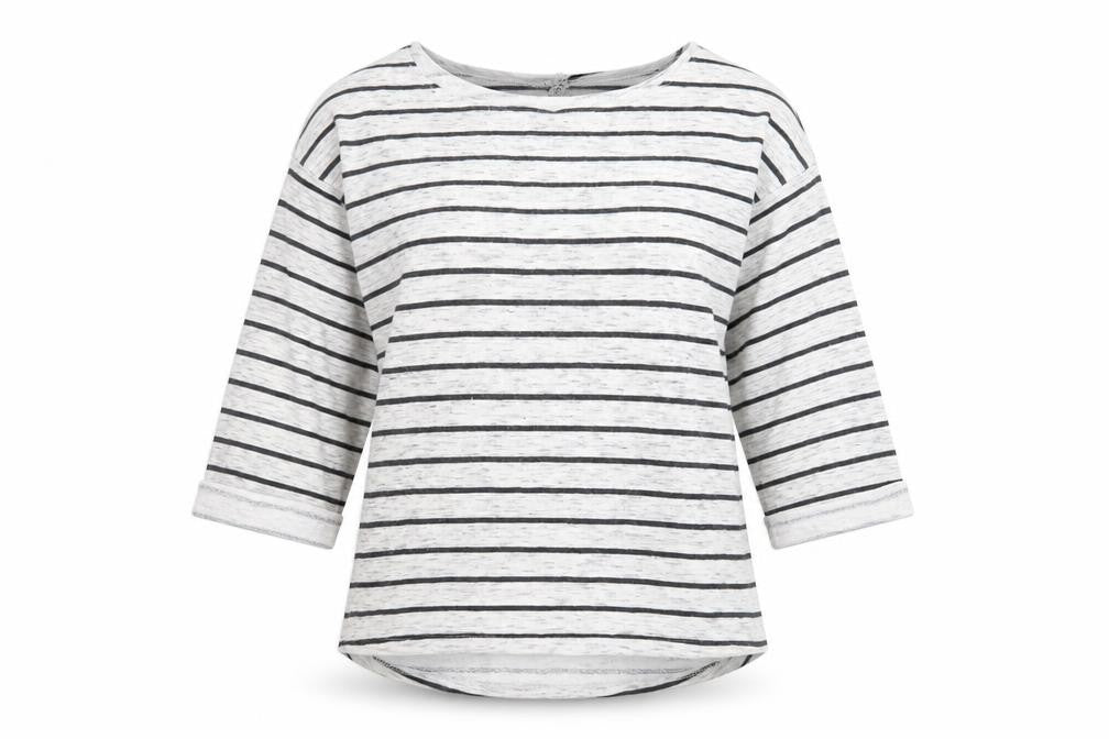 Front view of Divided by H&M women’s grey striped pullover sweatshirt, size S