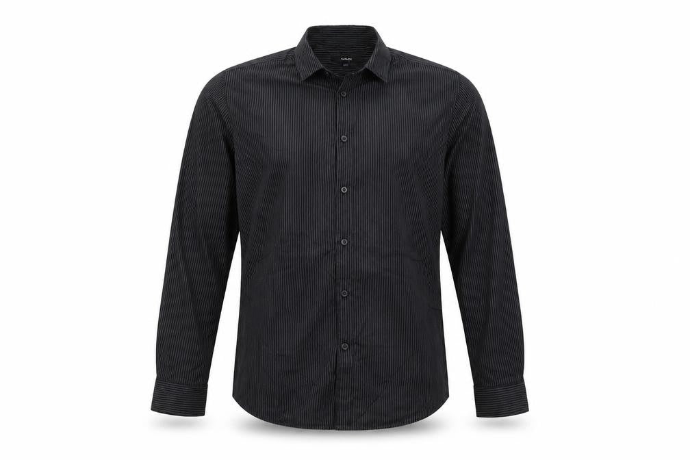 Front view of George men’s black button-up, size 15.5