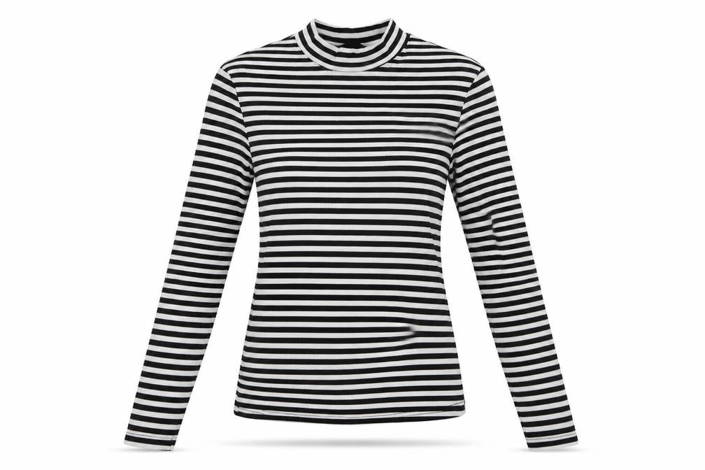 Front view of shain women’s white striped pullover sweatshirt, size L