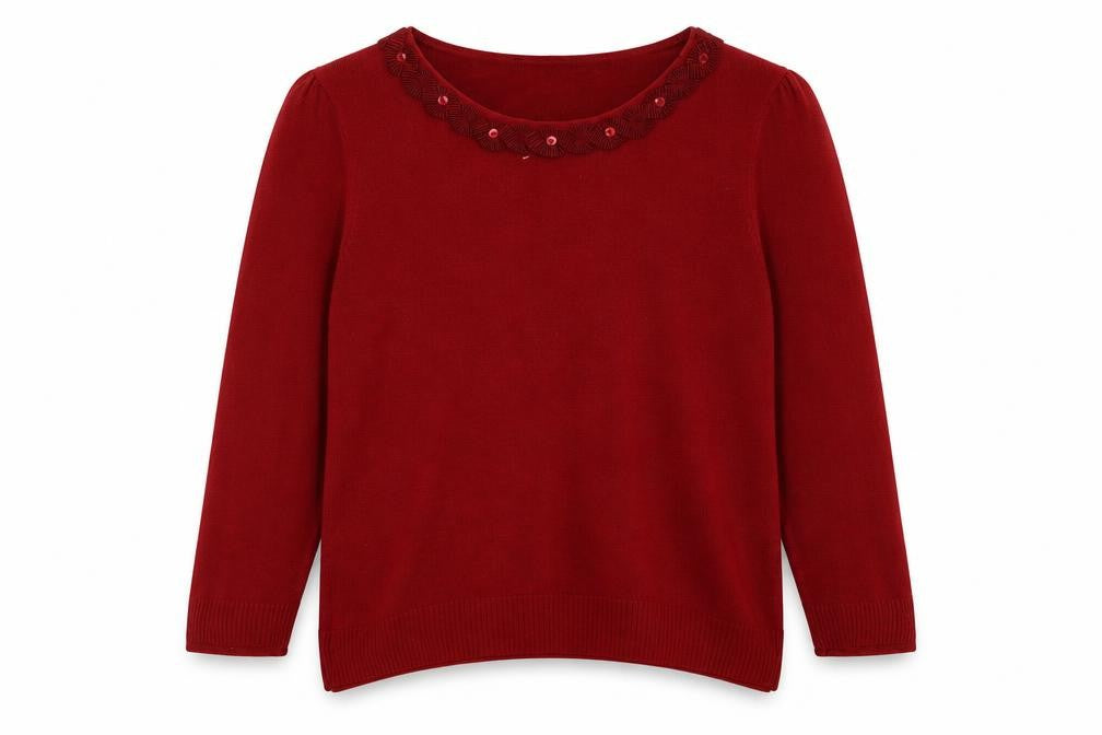 Front view of Marks & Spencer women’s red pullover sweatshirt, size UK 14