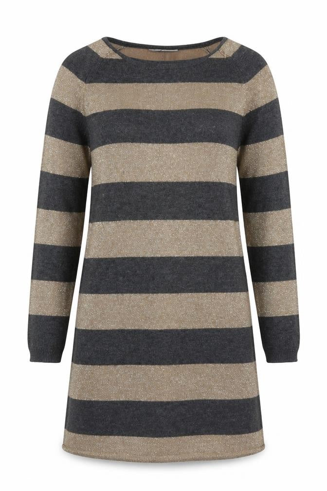 Front view of Marks & Spencer women’s grey striped tunic jumper, size UK 10