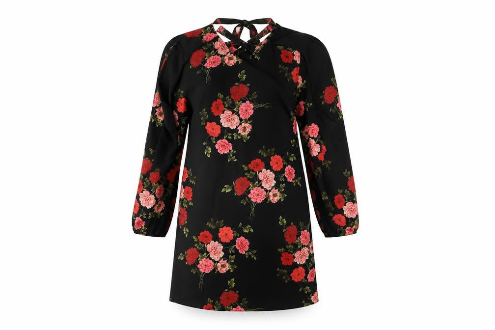 Front view of Peacocks women’s black floral a-line, size UK 14