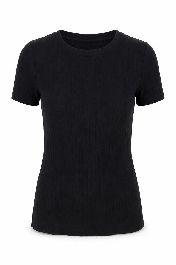 Front view of Michelle Keegan women’s black basic t-shirt, size S