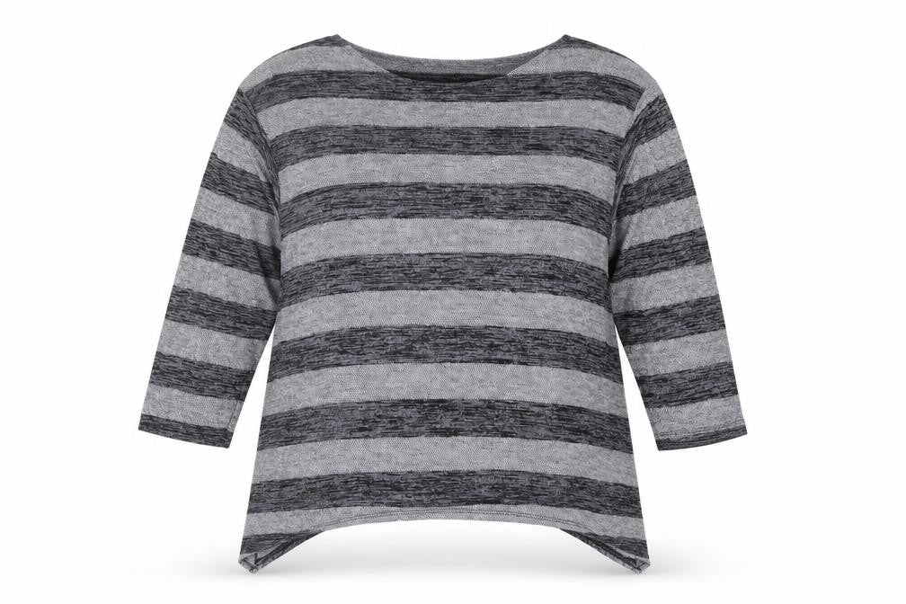 Front view of Saloos women’s grey striped jumper, size UK 16