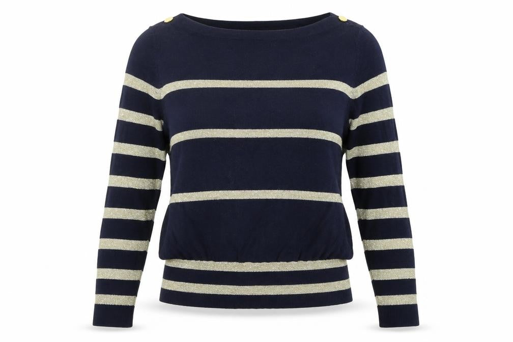 Front view of a wear women’s blue striped jumper, size UK 10