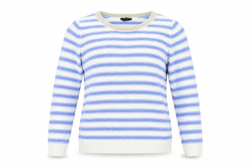 Front view of H&M women’s blue striped henley jumper, size S