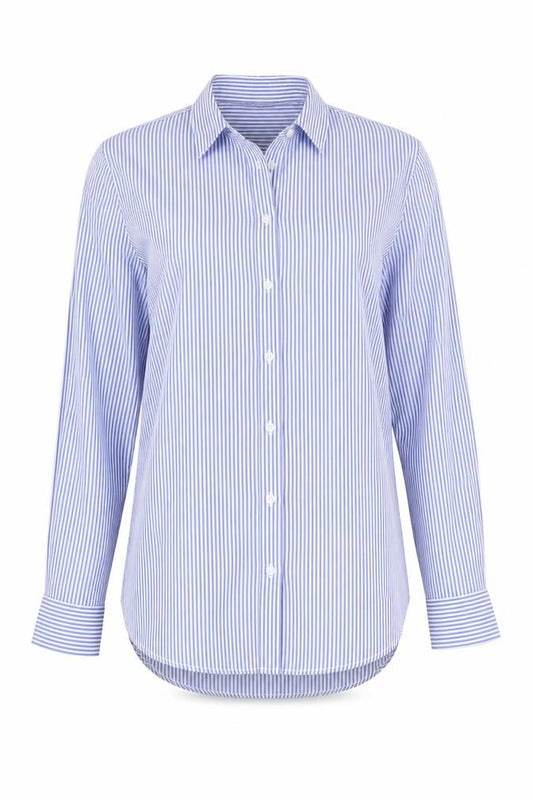 Front view of Atmosphere women’s blue striped basic button-up, size UK 6