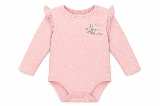 Front view of F&F girls’ pink babygrow one-piece, size 3-6, months - bambi
