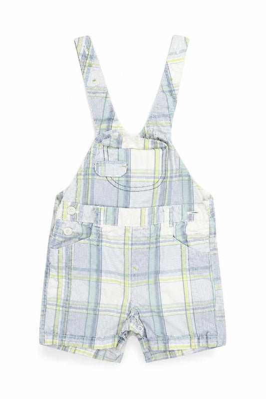 Front view of Next boys’ white check dungaree one-piece, size 3-6, months