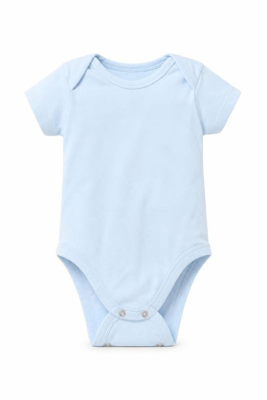 Front view of Nutmeg Baby Blue Babygrow One-Piece, size 0-3, Months
