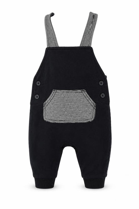 Front view of George boys’ black dungaree one-piece, size 0-3, months