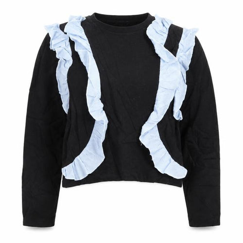 Zara Womens Black   Pullover Jumper Size 6  - Blue striped fabric ruffles to front