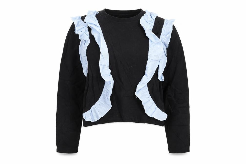 Zara Womens Black   Pullover Jumper Size 6  - Blue striped fabric ruffles to front