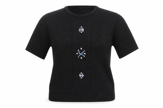 Front view of C&A women’s black floral jumper, size UK 12