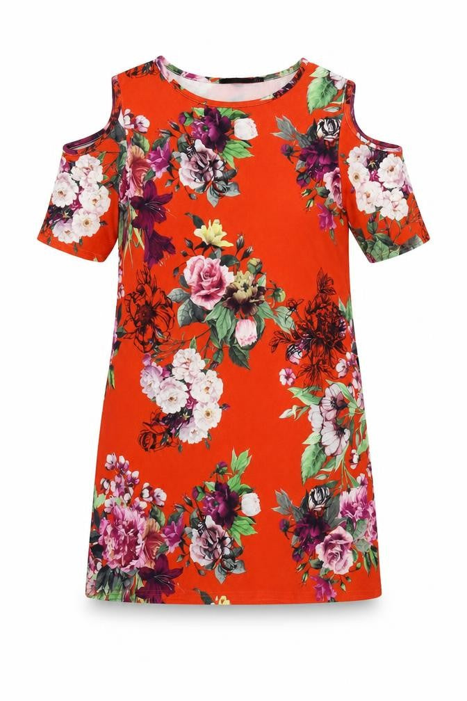Front view of Boohoo women’s red floral sheath, size UK 10, - cold shoulder