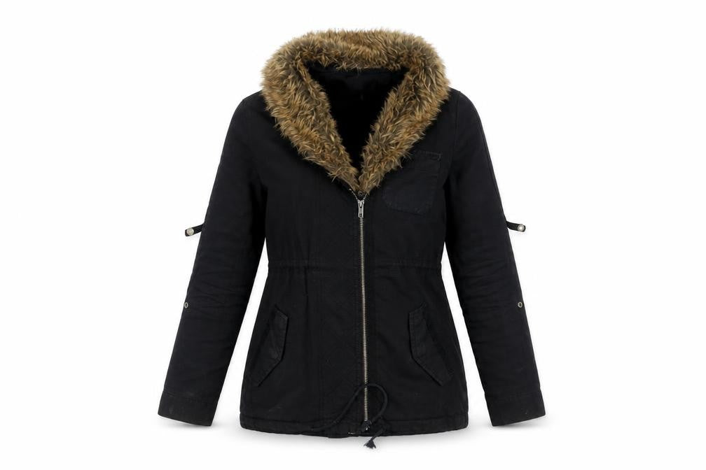 Front view of Ecote women’s black parka coat, size S