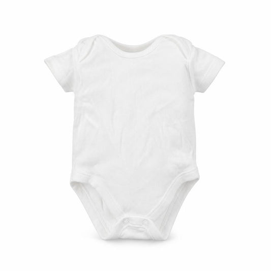 Front view of Nutmeg Baby White Babygrow One-Piece, size 0-3, Months