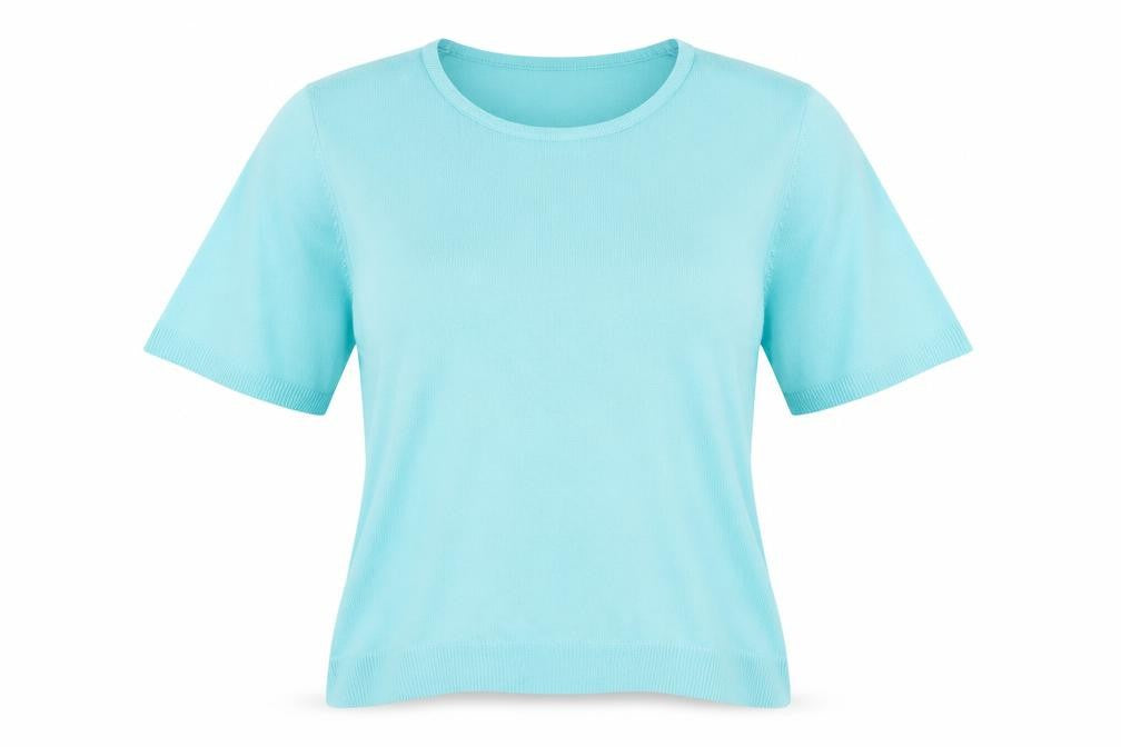 Front view of Marks & Spencer women’s blue knit basic t-shirt, size UK 14