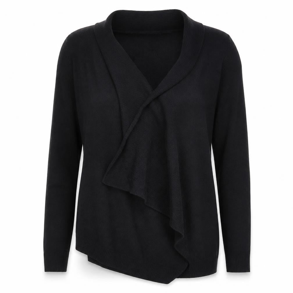 Front view of Tu women’s black knit cardigan jumper, size UK 10