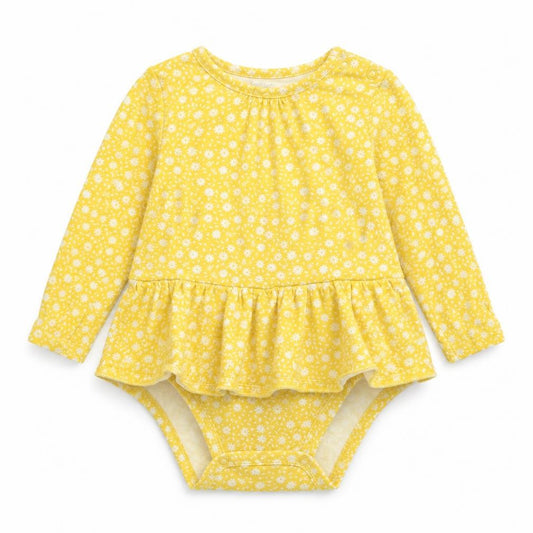 Front view of Carter's girls’ yellow floral babygrow one-piece, size 18, months