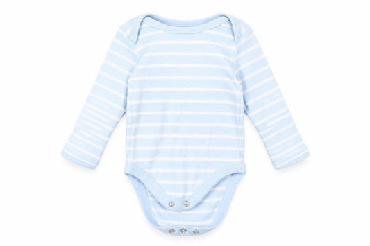 Front view of Marks & Spencer boys’ blue striped babygrow one-piece, size 3-6, months