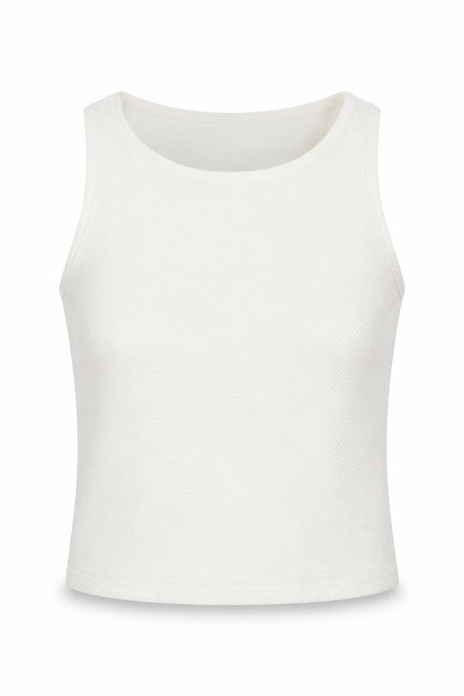Front view of Boohoo women’s ivory basic t-shirt, size UK 6