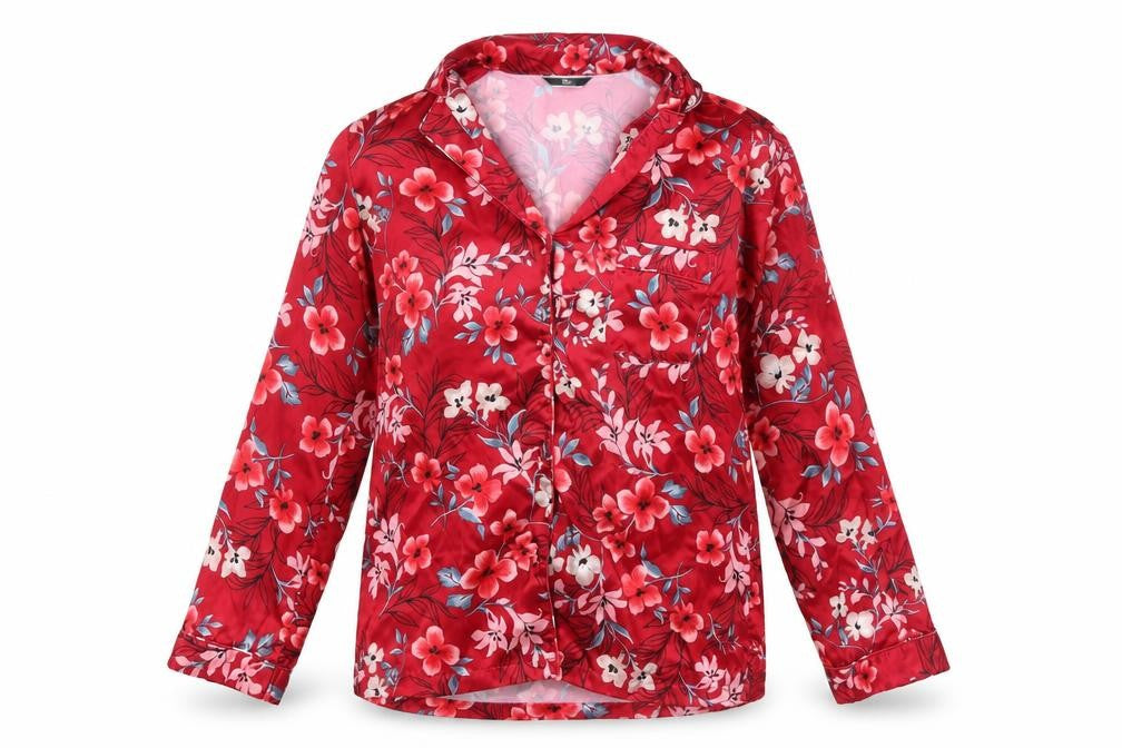 Front view of boux women’s red floral top pyjama top, size UK 10