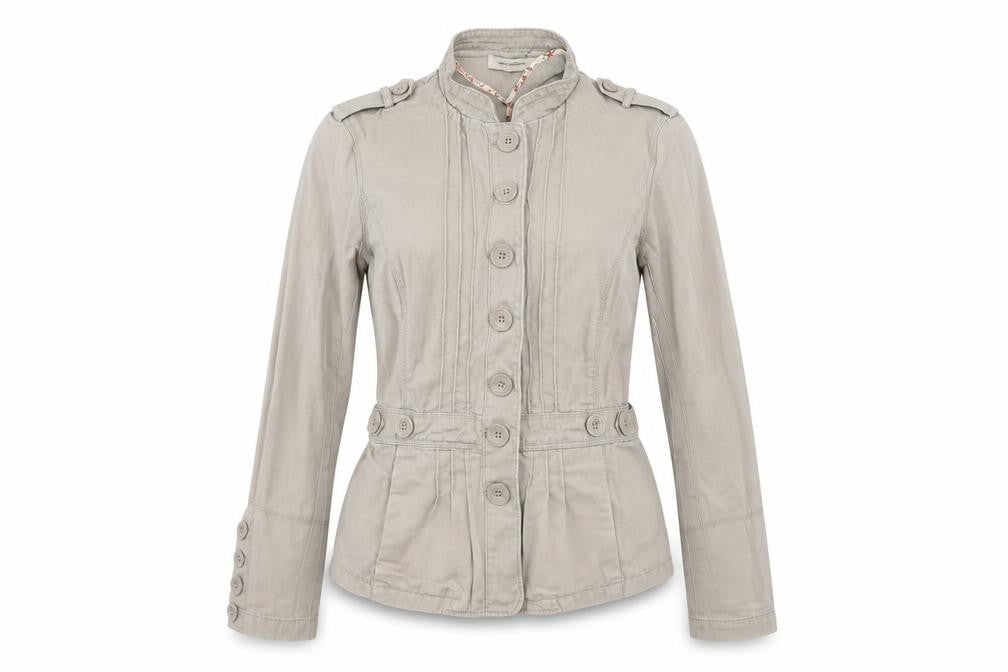 Front view of Debenhams women’s beige jacket coat, size UK 12