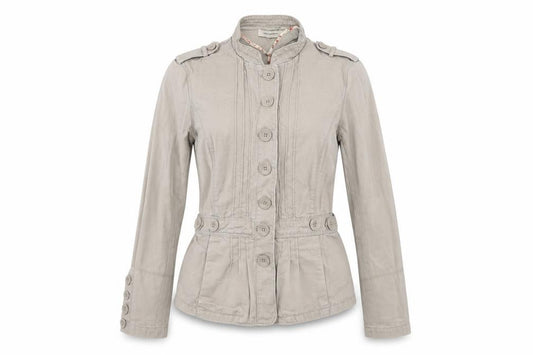 Front view of Debenhams women’s beige jacket coat, size UK 12