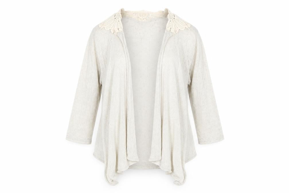 Front view of Per Una women’s beige cardigan jumper, size UK 18